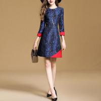 2018早新品女装七分袖提花时尚圆领连衣裙修身A字裙图片色