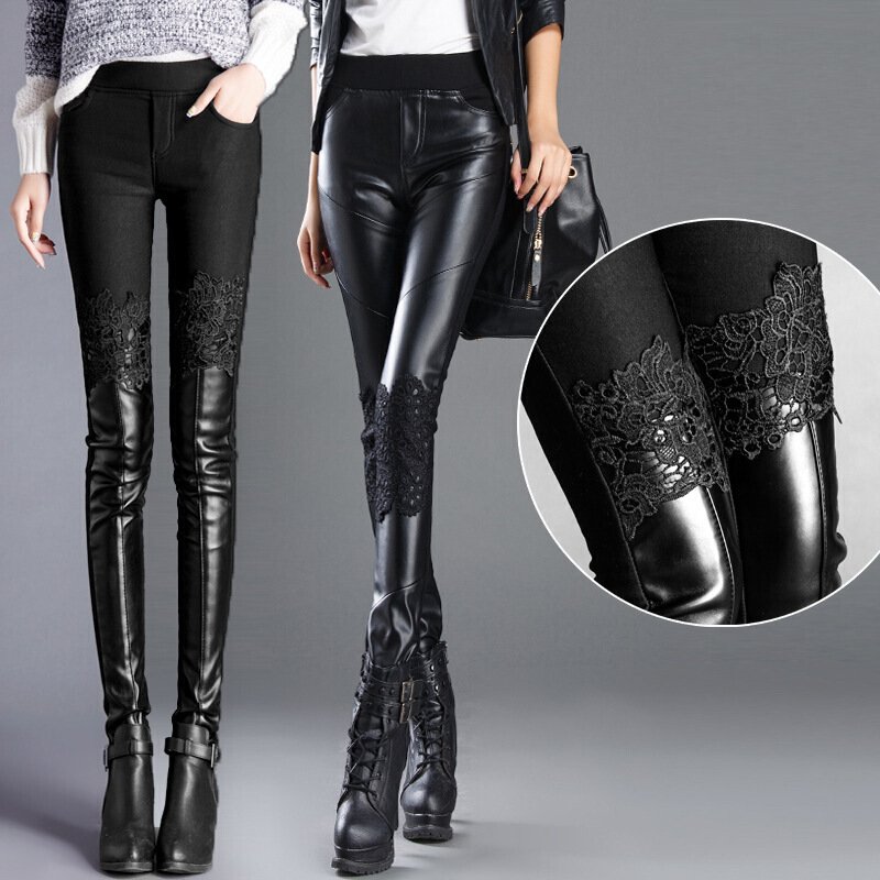 新款蕾丝拼接pu皮裤女冬季加绒加厚高腰外穿打底裤紧身显瘦长裤