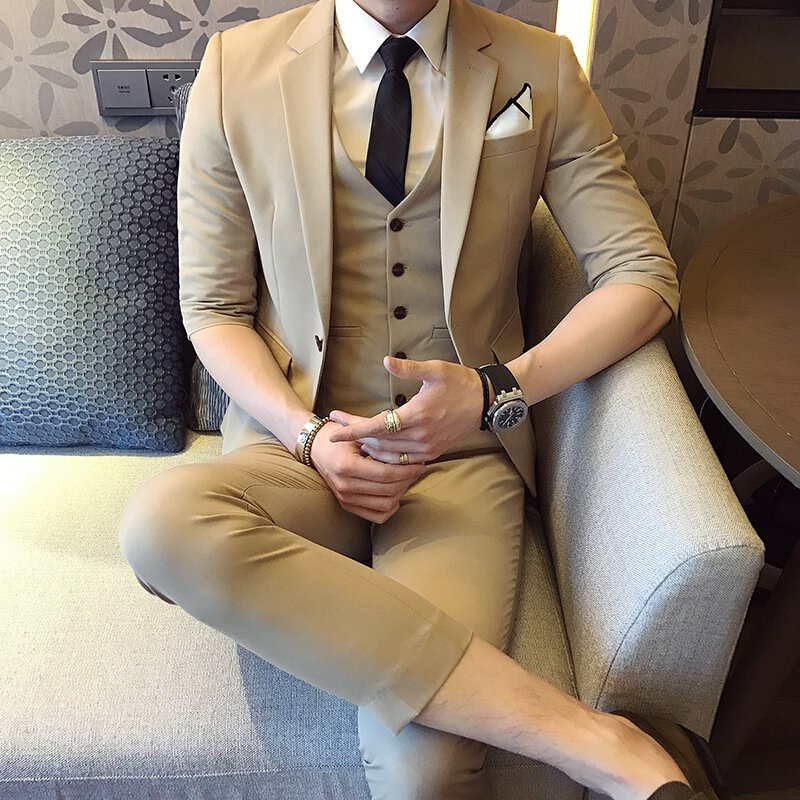 夏季绅士英伦男七分袖西装休闲纯色百搭上班理发师西服套装三件套