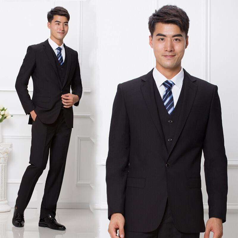 黑色西服套装男士三件套商务修身职业正装伴郎服夏季新郎结婚礼服