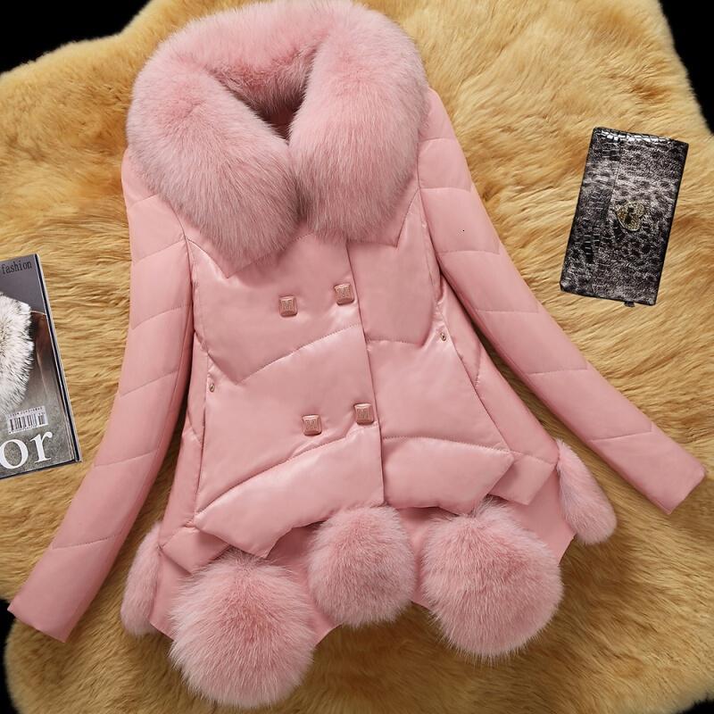 欧洲站真皮羽绒服女短款真皮皮衣秋冬海宁狐狸毛绵羊皮草外套粉红色粉色