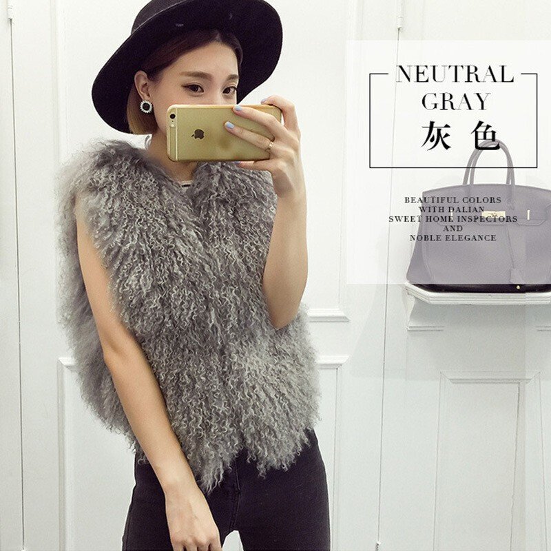 短款皮毛一体滩羊毛裘皮整皮背心皮草外套灰色均码