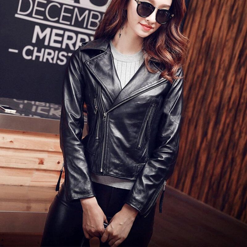新款真皮皮衣女绵羊皮短款修身机车秋季欧美时尚帅气外套女夹克