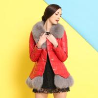 海宁皮衣新款真皮羽绒服女中长款修身狐狸毛领绵羊皮裙摆外套红色