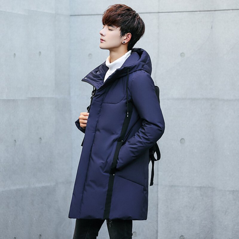 冬季新款韩版修身加厚保暖外套男连帽中长款男士羽绒服白鸭