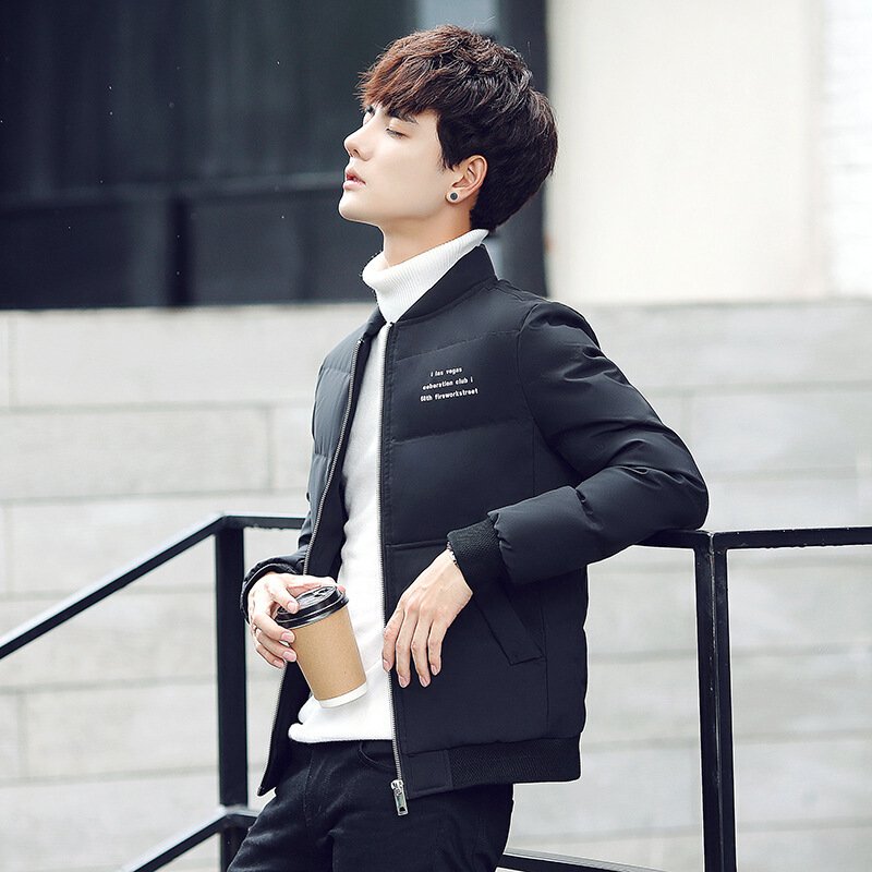 新款冬季韩版青年休闲棒球领白鸭绒短款羽绒服男立领轻薄修