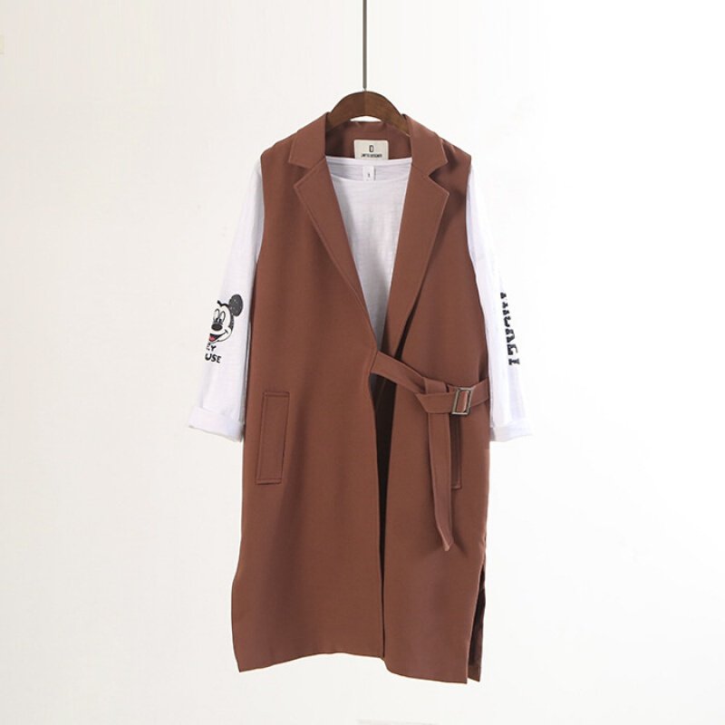 韩国气质外套侧腰带显瘦纯色长款西装领马甲开衫女咖啡色均码