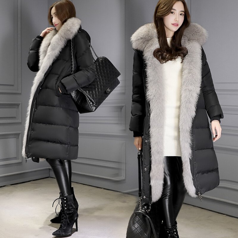 2017新款女装冬装宽松长款羽绒服女黑色过膝毛领羽绒衣加厚外套潮黑色羽绒服