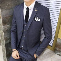 男士西装三件套韩式修身款结婚西服套装新郎伴郎商务休闲职业正装深灰色西装+马甲+西裤