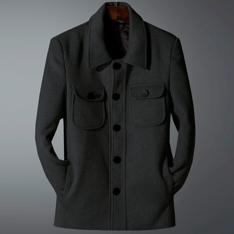 英伦短款灰色呢子大衣男士单排扣修身时尚羊毛呢夹克大码