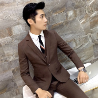 四季潮男小西装三件套韩式修身青年商务休闲职业西服套装结婚礼服SJT36咖啡色西装+西裤+马甲L配裤子30