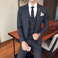 潮男英伦风西装三件套韩式修身条纹青年休闲西服套装结婚新郎衣服灰色西装+马甲+西裤