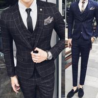 秋冬男士西装三件套韩式修身时尚休闲商务西服套装英伦风青年蓝色西装+西裤+马甲