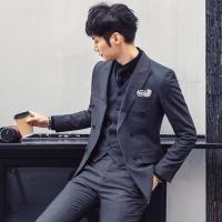 西服套装男士韩版修身纯色双排扣西装三件套时尚发型师婚礼服潮流灰色西装加裤子加马甲