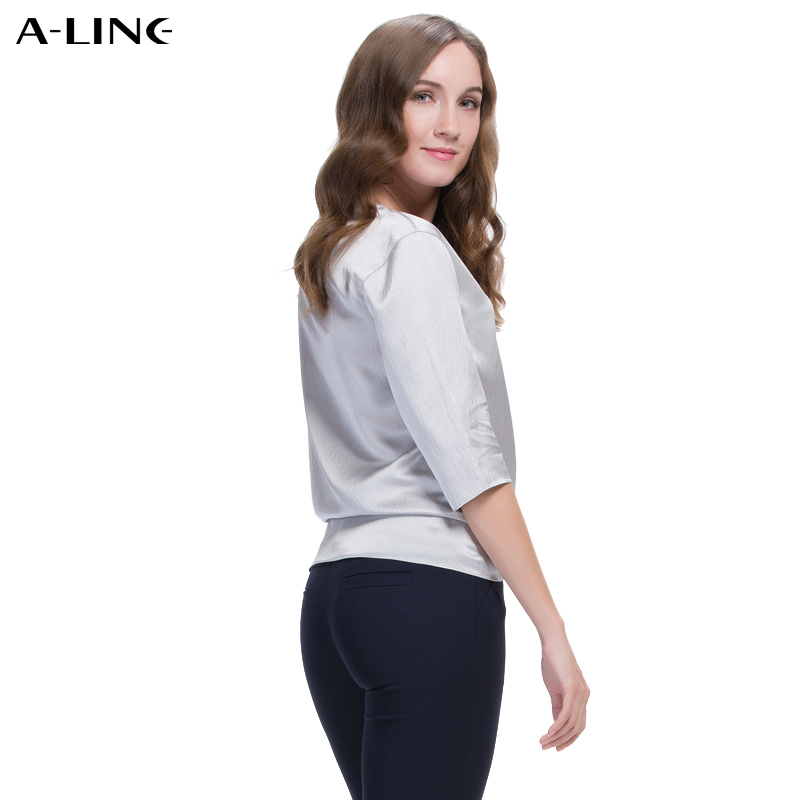 Aline/阿莱2017夏装新款七分袖桑蚕丝系带圆领真丝上衣 AGC2058