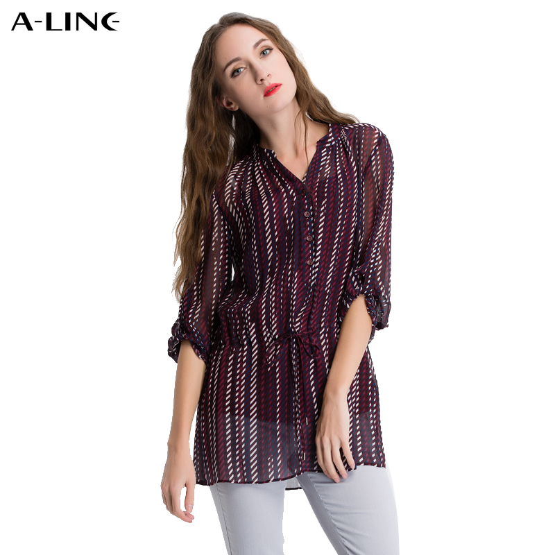 Aline/阿莱2017新款桑蚕丝条纹系带百搭常规款套头衬衫 AGC1033