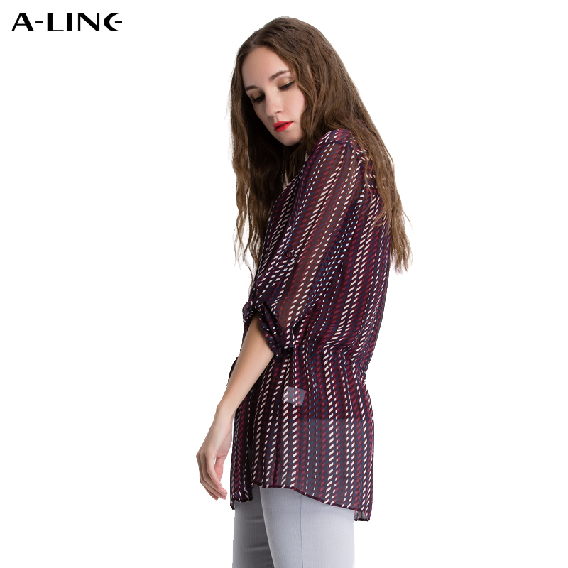 Aline/阿莱2017新款桑蚕丝条纹系带百搭常规款套头衬衫 AGC1033