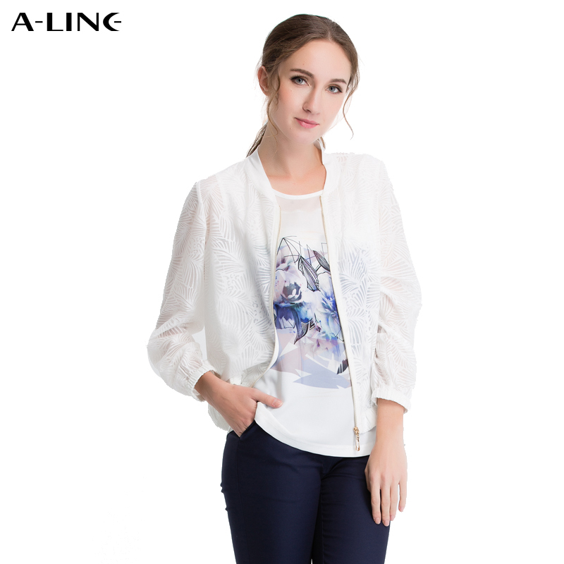 Aline/阿莱2017新款暗花刺绣透明棒球衫短款上衣 AGS1050