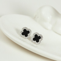 欧美黑色金四叶草耳钉女 日韩时尚气质水晶饰品耳环