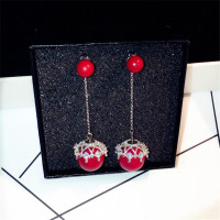 新款时尚韩国耳环长款精致镶钻珍珠气质两用耳钉红色百搭耳坠女