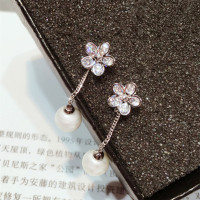 韩国版新款五瓣花925纯银针耳钉女气质长款珍珠耳环耳坠首饰品