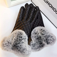 PU皮手套女触摸屏仿獭兔毛口女秋冬加厚加绒保暖骑车防寒修韩版