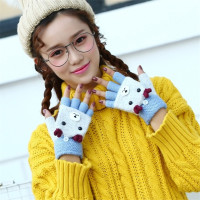 秋冬季新款半指手套女冬保暖可爱小熊翻盖露指手套针织加厚学生潮