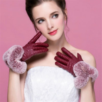 女式皮手套秋冬季可爱獭兔毛口保暖加厚绒内里开车骑车皮手套女士