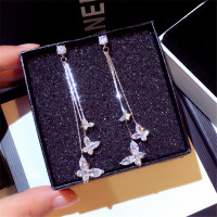 韩版s925纯银水钻蝴蝶流苏耳环长款气质韩国显脸瘦简约清新冷淡水晶耳坠百搭吊坠女潮人耳饰品