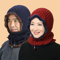 冬季保暖老人帽子女中老年人帽男冬天加绒加厚毛线帽骑车护耳防风帽针织帽围脖连体帽妈妈电动车帽