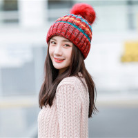 韩版大毛球拼色彩条针织户外秋冬成人帽子女冬天加绒加厚骑车防风帽啊保暖护耳帽冬季防寒毛线帽女