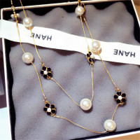 新款时尚韩版欧美精致经典花朵仿珍珠两层长款个性百搭毛衣项链女