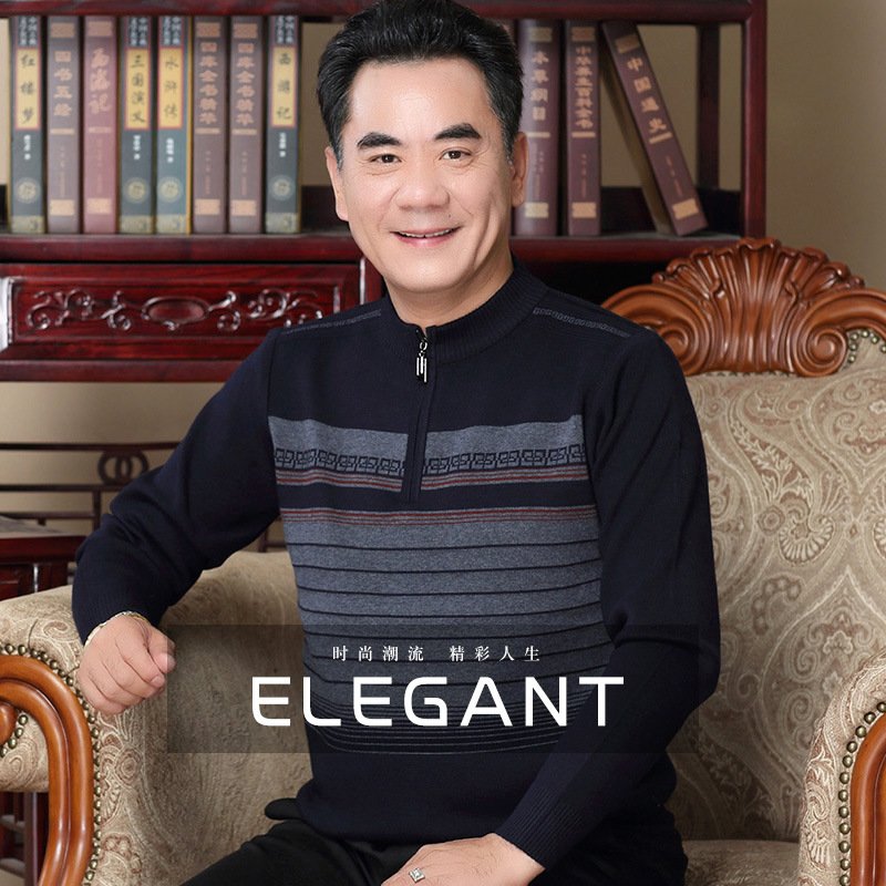 中年男士羊毛衫半高领拉链针织衫中老年男装套头加厚毛衣爸爸装