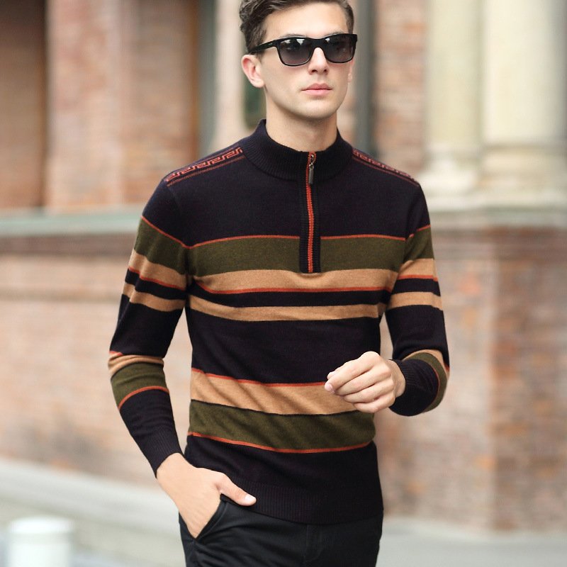 2017冬中高领套头半拉链保暖纯羊毛衫加厚保暖针织衫爸爸装