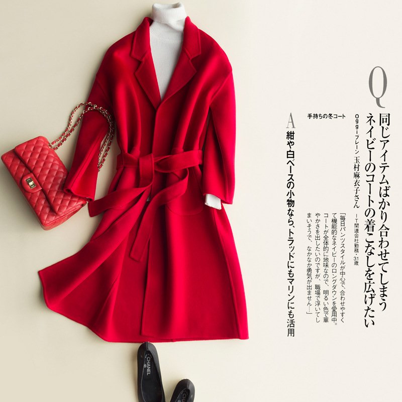 2017秋冬季新款女装修身腰带直兜大衣韩版时尚百搭加厚羊毛呢外套