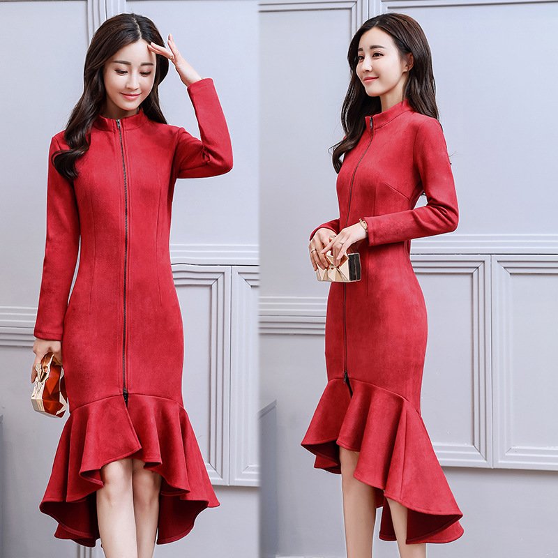 连衣裙女2018新款打底裙小香风名媛鹿皮绒鱼尾裙包臀