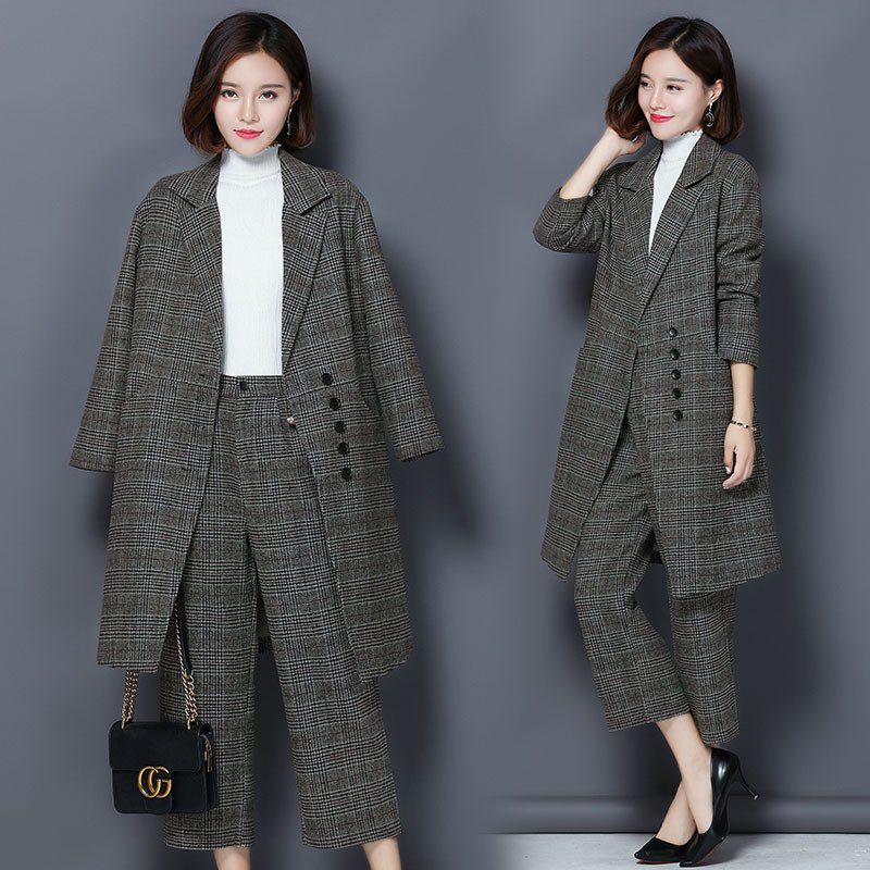 套装女冬装时尚潮2017新款格子毛呢西装外套九分裤千鸟格两件套装