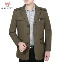 公牛乐途2021夹克男中年男士外套西装领春秋季全纯棉休闲中老年人男装爸爸装