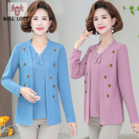 公牛乐途2021妈妈秋装T恤新款中年女装春秋短款针织衫大码薄款假两件上衣