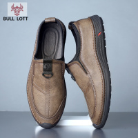 公牛乐途2021无带灰色皮鞋透气软皮男鞋搭配牛仔裤一脚蹬套脚软底英伦休闲单鞋