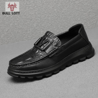 公牛乐途2021真皮鳄鱼纹皮鞋男休闲韩版英伦百搭懒人一脚蹬男鞋厚底男士豆豆鞋