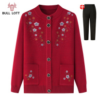 公牛乐途2021老年人奶奶毛衣女春秋加绒妈妈装刺绣针织衫老太太秋冬装外套开衫