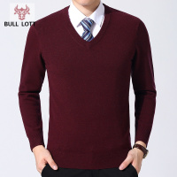 公牛乐途2021秋冬季纯色羊毛衫中老年男士鸡心领毛衣爸爸装休闲宽松套头针织衫