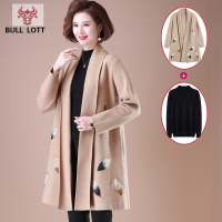 公牛乐途2021妈妈秋装洋气针织开衫毛呢外套中年人女中长款套装中老年秋冬风衣