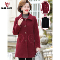 公牛乐途2021中年妈妈秋冬装仿仿水貂绒外套中长款中老年女装毛呢子大衣洋气开衫