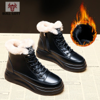 公牛乐途真皮雪地靴女2021冬季新款百搭加绒保暖短靴短款厚底马丁靴棉鞋女