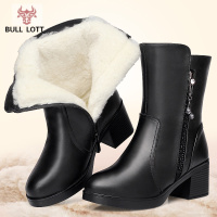 公牛乐途2021冬季女短靴羊毛妈妈棉鞋真皮女棉靴中跟粗跟皮靴加绒加厚保暖皮鞋