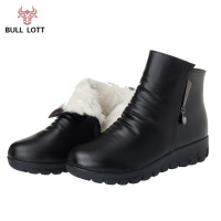公牛乐途2021妈妈棉鞋真皮羊毛加绒中年短靴平底软底防滑中老年皮鞋