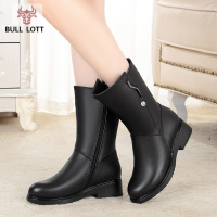 公牛乐途2021冬季女鞋加绒中跟大码雪地靴粗跟厚底保暖中筒靴真皮女靴子棉皮鞋