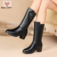 公牛乐途2021真皮中筒靴女棉靴子防滑妈妈秋冬季保暖羊毛中跟加绒高跟皮靴棉鞋